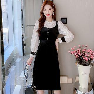 Long-sleeve Ruffled-trim Lace Panel Buttoned Dress