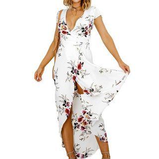 Cap-sleeve Floral Print V-neck Maxi Dress