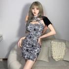 Set: Short-sleeve Crop Top + Halter Cartoon Print Mini Sheath Dress