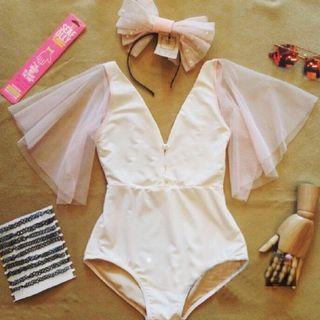 Mesh Sleeves V-neck Swimsuit