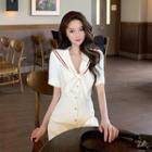 Sailor Collar Tie-neck Short Sleeve Button-front Dress