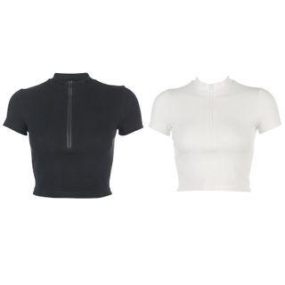 Short-sleeve Zipper Knitted Top