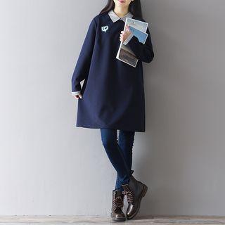 Long-sleeve Stripe-panel Embroidered Dress
