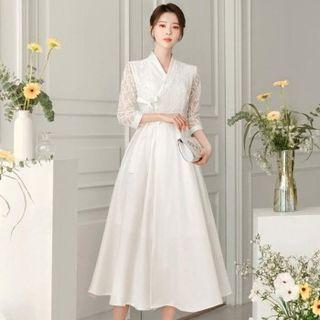 [the Marriage] Lace-panel Satin Midi Hanbok Dress