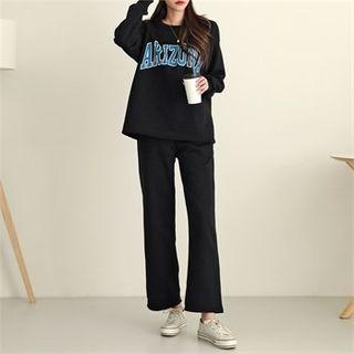 Set: Round-neck Letter Print Top + Band-waist Pants