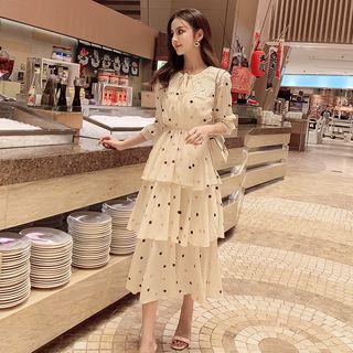 Dotted Lace Trim Elbow-sleeve Midi Layered Dress