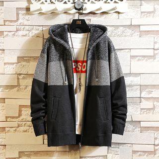 Fleece-lining Striped Hooded Zip Jacket