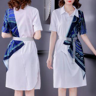 Asymmetrical Print Panel Midi A-line Shirtdress