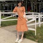 Puff Sleeve Checked Dress Dress - Orange - One Size