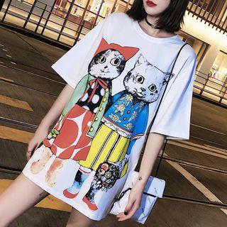 Elbow-sleeve Cat Print Long T-shirt