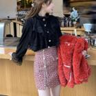 Bell-sleeve Collared Plain Blouse / High-waist Melange Skirt