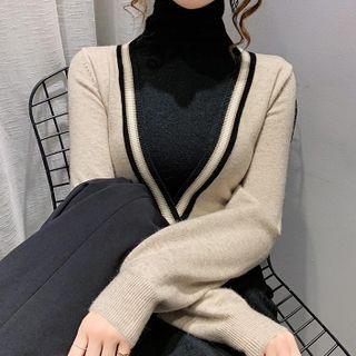 Turtleneck Panel Mock Two-piece Contrast Trim Sweater