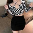 Long-sleeve Cut-out Check Crop Top Black - One Size