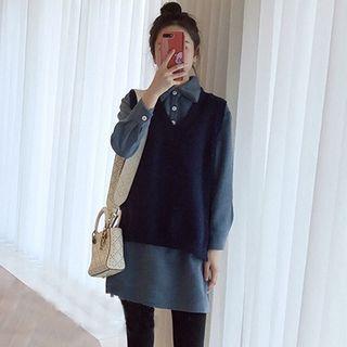 Set: Long-sleeve Mini Collared Dress + V-neck Knit Vest