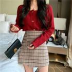 Button Cardigan / Mini Plaid A-line Skirt