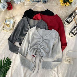 V-neck Plain Drawstring Crop Top