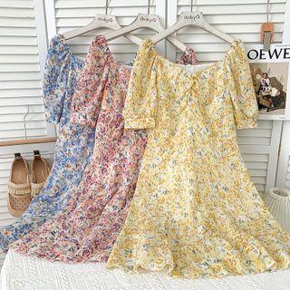 Boatneck Floral Ruched Midi Dress