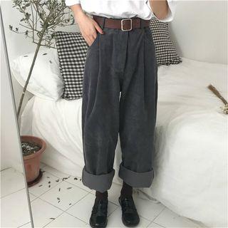 Plain High-waist Corduroy Wide-leg Pants