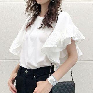 Short Sleeve Round Neck Ruffle Trim Top White - M