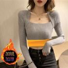 Plain Square Neck Fleece Lined Rib Knit Top