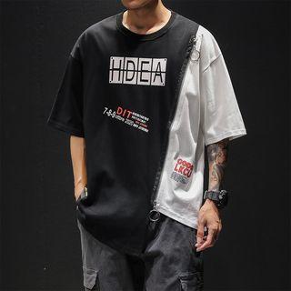 Elbow-sleeve Color Block Printed T-shirt