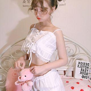 Set: Lace Camisole + Lace Shorts Set - White - One Size