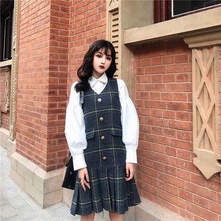 Plain Shirt / Plaid Sleeveless A-line Dress