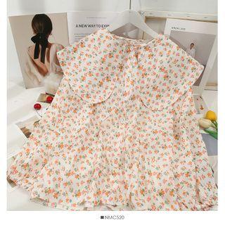 Peter Pan-collar Floral Loose Shirt Almond - One Size