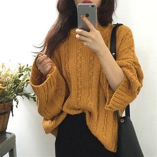 Plain Loose-fit Bell-sleeve Mock-neck Sweater