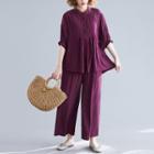 Set : Plain Batwing-sleeve Shirt + Wide-leg Pants