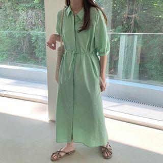 Elbow-sleeve Maxi Shirt Dress With Sash