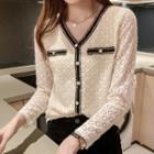 Long-sleeve Contrast Trim Button-up Lace Top