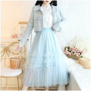 Set: Cropped Tweed Jacket + Mesh Maxi Skirt / Tweed Jacket + Skirt + Ruffle Blouse