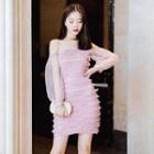 Sheer Sleeve Off-shoulder Layered Frilled Sheath Cocktail Dress