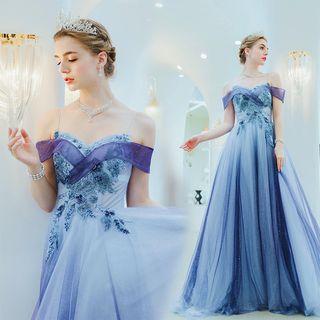 Cap-sleeve Cold Shoulder Embellished A-line Evening Gown