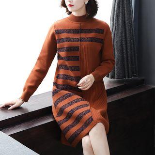 Mock Neck Striped Panel A-line Sweater Dress