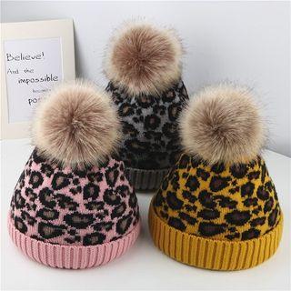 Bobble Leopard Print Knit Beanie