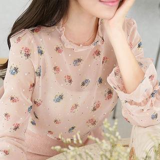 Frill-neck Floral Pattern Sheer Blouse