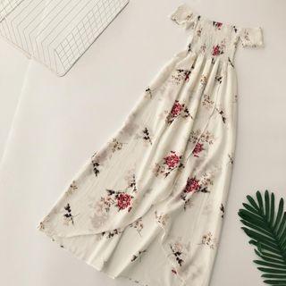 Set: Short-sleeve Off Shoulder Floral Print Maxi Dress