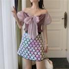 Off-shoulder Puff-sleeve Slim-fit Blouse / Sequined Skirt