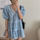 Puff-sleeve Lace Trim Floral Loose Fit Dress Sky Blue - One Size