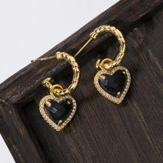 925 Sterling Silver Rhinestone Heart Earrings Black & Gold - One Size
