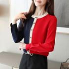 Long-sleeve Contrast-color Buttoned Chiffon Top