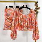 Balloon-sleeve Floral Print Blouse / Shirred Pencil Skirt