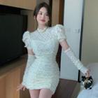 Set: Short-sleeve Lace Bodycon Dress + Arm Sleeves