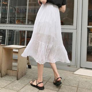 Ruffle-hem Crinkled Chiffon Long Skirt