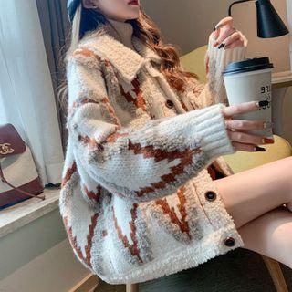Patterned Fleece Button Jacket White - One Size