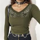 Rhinestone V Neck Long Sleeve Top