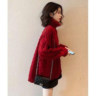 Turtle-neck Cable Knit Loose-fit Sweater