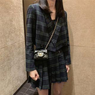 Plaid Blazer / Pleated A-line Mini Skirt